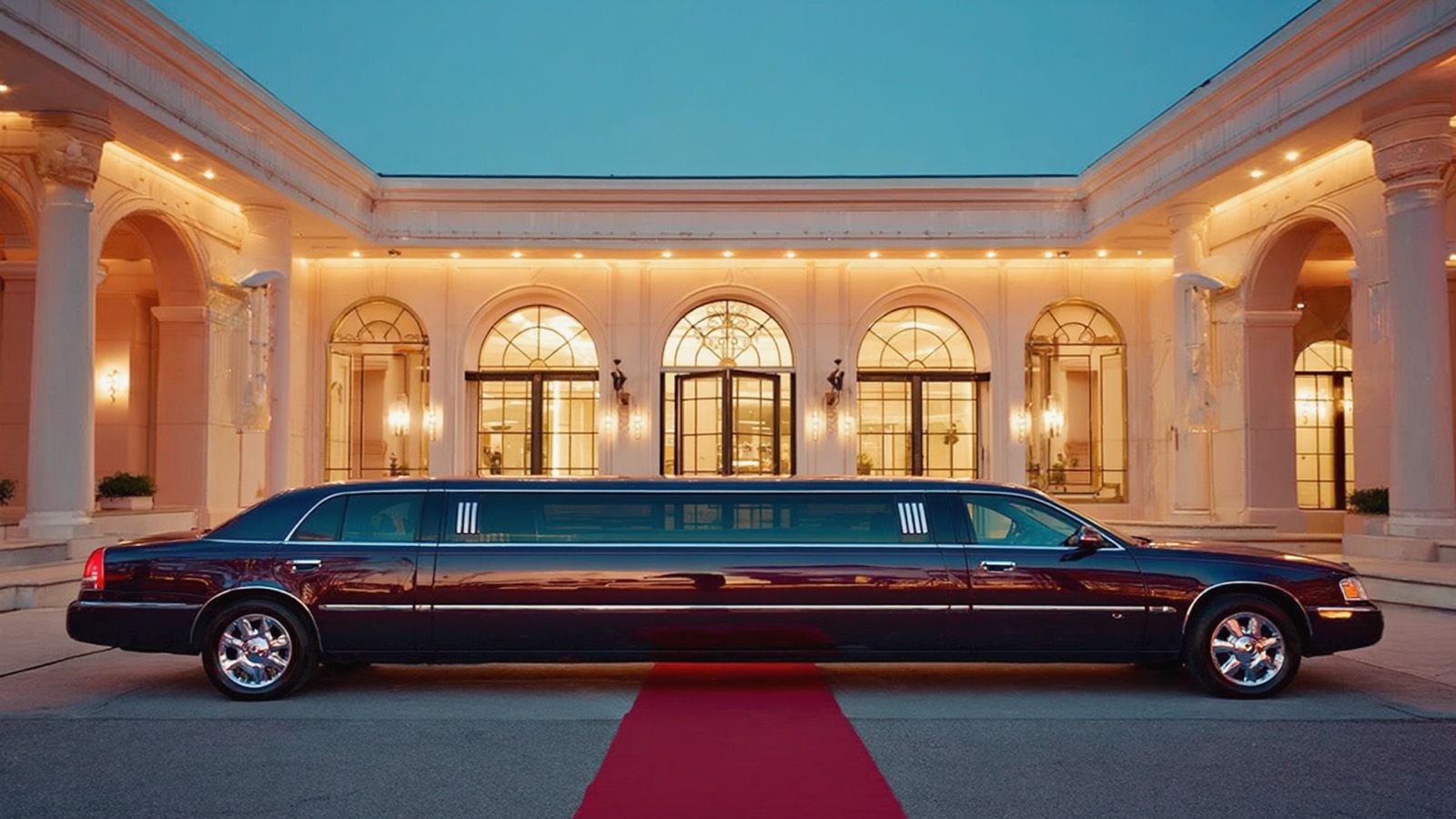 Glänzende dunkle Limousine am beleuchteten Eingang eines eleganten Ballsaals in der Abenddämmerung, roter Teppich zur Tür