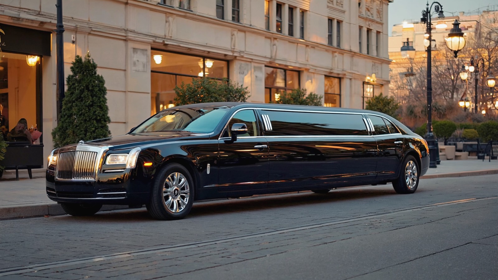 Elegante schwarze Stretchlimousine im warmen Abendlicht an einer Stadtstraße, glänzender Lack mit gespiegelten Lichtern