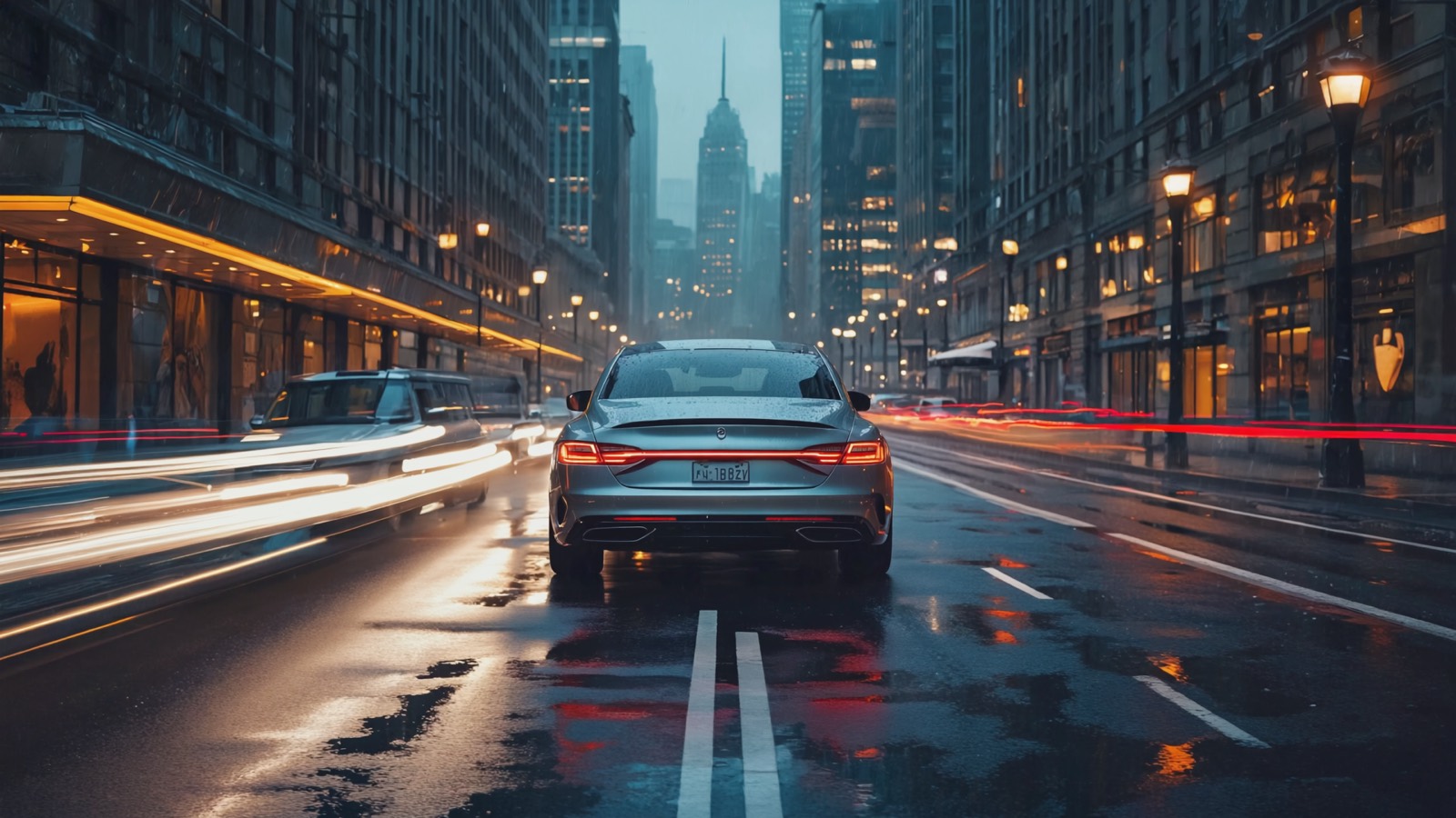 Luxuswagen gleitet nachts durch eine glitzernde Stadt, lange Lichtspuren und beleuchtete Skyline spiegeln sich auf nassem Asphalt