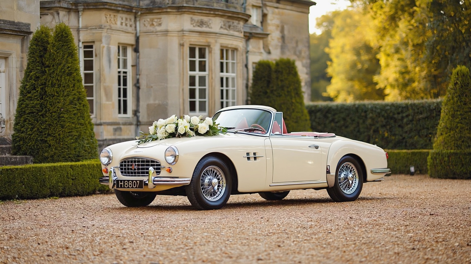 Cremefarbenes klassisches Cabrio mit dezentem weißen Blumenschmuck als Hochzeitswagen vor einem eleganten Landgut im Morgenlicht
