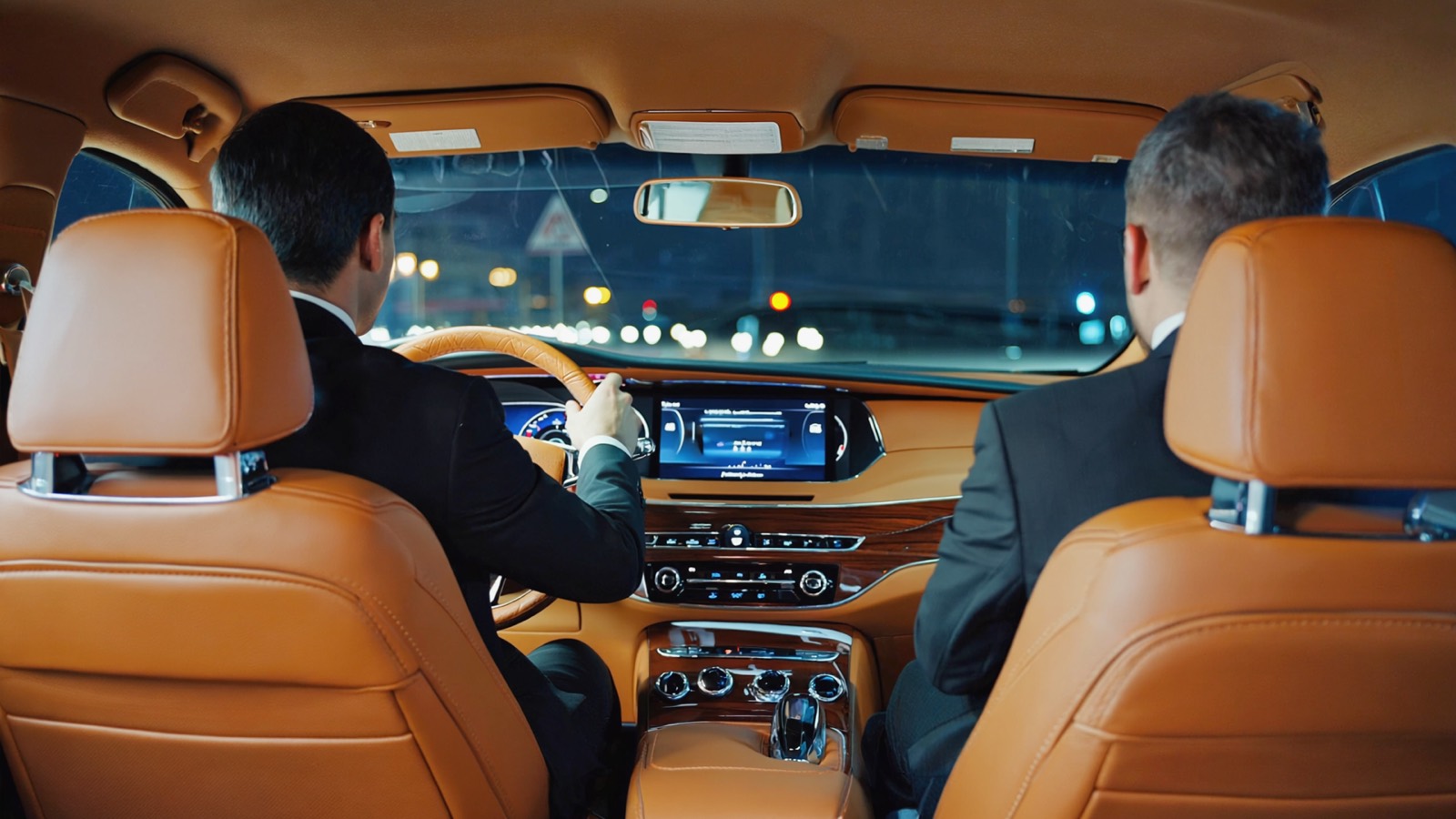 Blick von hinten über die Schulter eines Chauffeurs beim Fahren eines Luxuswagens bei Nacht, sanftes Armaturenbrettlicht und elegante Ledersitze